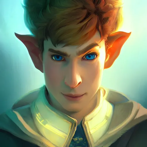 Image similar to Portrait of a male elf ranger, pointy ears, brown long hair, no beard, inquisitive look, perfect facial symettry, mattepainting concept Blizzard pixar maya engine on stylized background splash comics global illumination lighting artstation lois van baarle, ilya kuvshinov, rossdraws