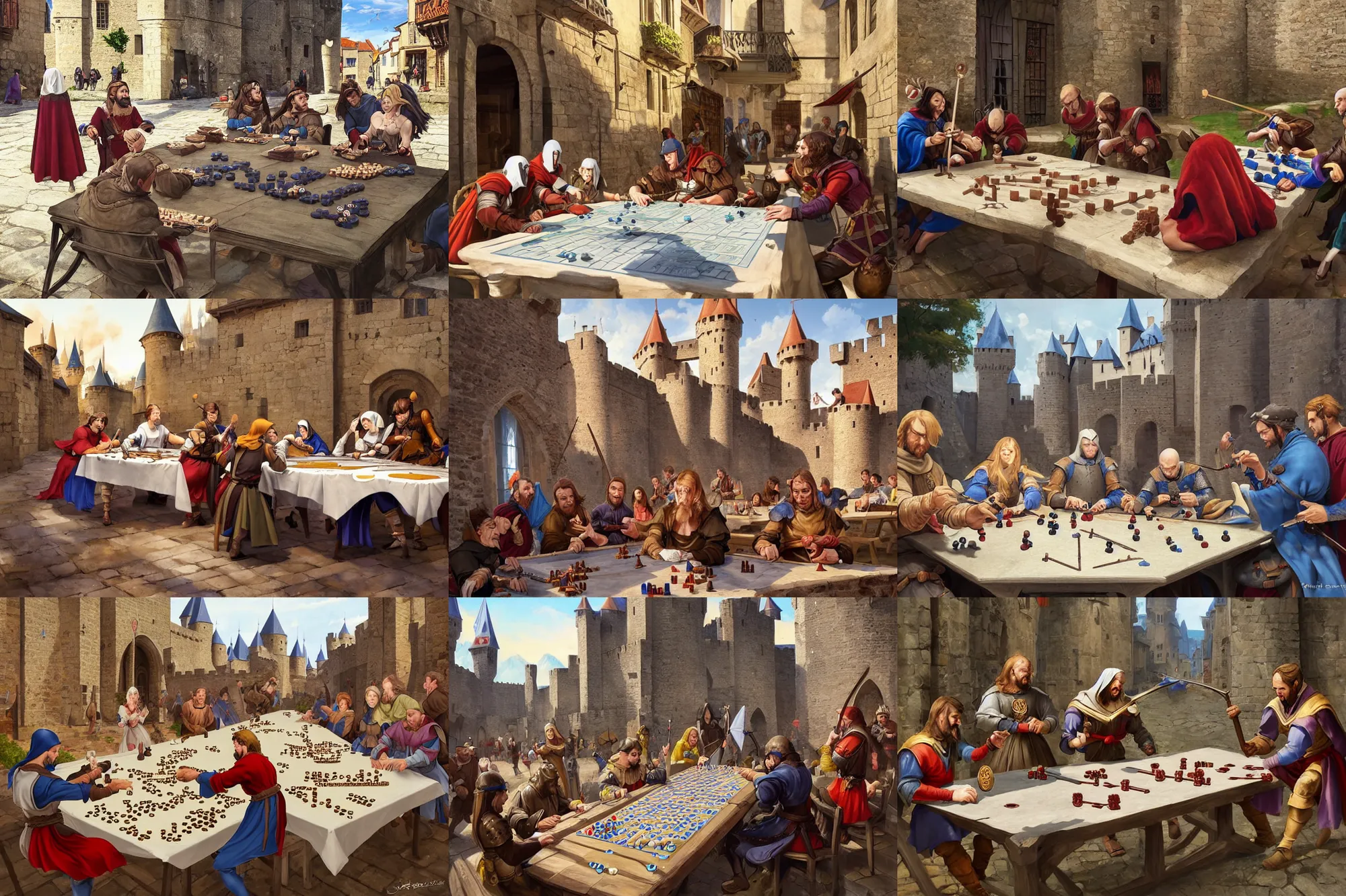 Prompt: medieval people playing dieces in city of carcassonne, there are few plain white shield on the same table they are using to play dices by stanley artgerm lau, wlop, rossdraws, frank frazetta, andrei riabovitchev, marc simonetti, tranding on artstation