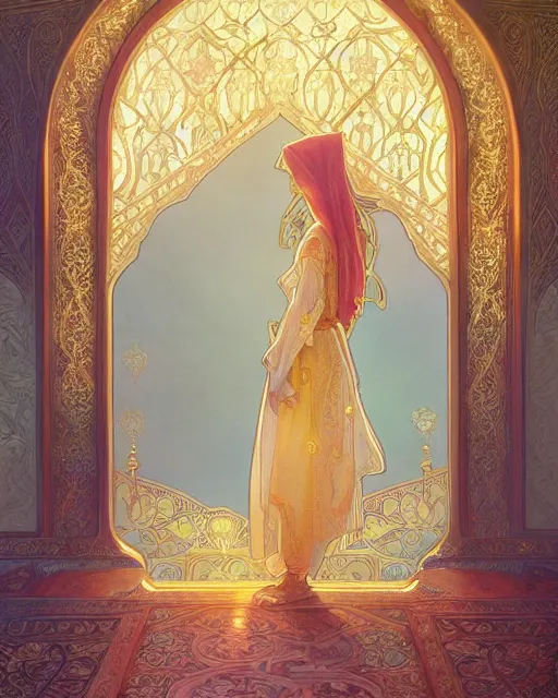 Image similar to an open quran highly detailed, gold filigree, romantic storybook fantasy, soft cinematic lighting, award, watercolor illustration by mandy jurgens and alphonse mucha and alena aenami, pastel color palette, featured on artstation