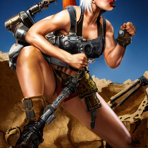 Prompt: tank girl, ultra highly detailed, fine art, action pose, wild eyes, big hammer, 4 k