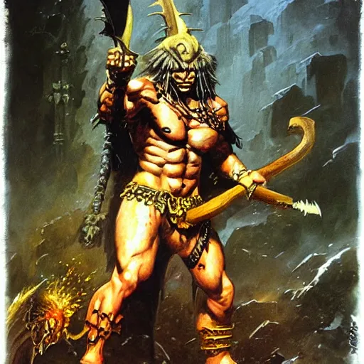 Image similar to barbarian necromancer in heroic pose,dnd, mtg,very detailed painting by Frank Frazetta