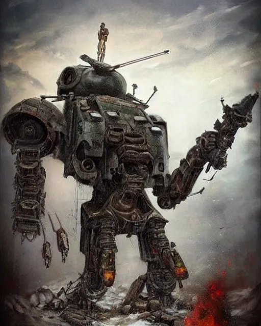 Image similar to ( ( t - 3 4 ) ) mech!!!! armed with a 7 5 mm cannon for an arm, giant!!!! humanoid!!!! figure, giant legs, oil painting, ( ( ( soviet tank ) ) ), tribal yurta, postapocalyptic, sharp focus