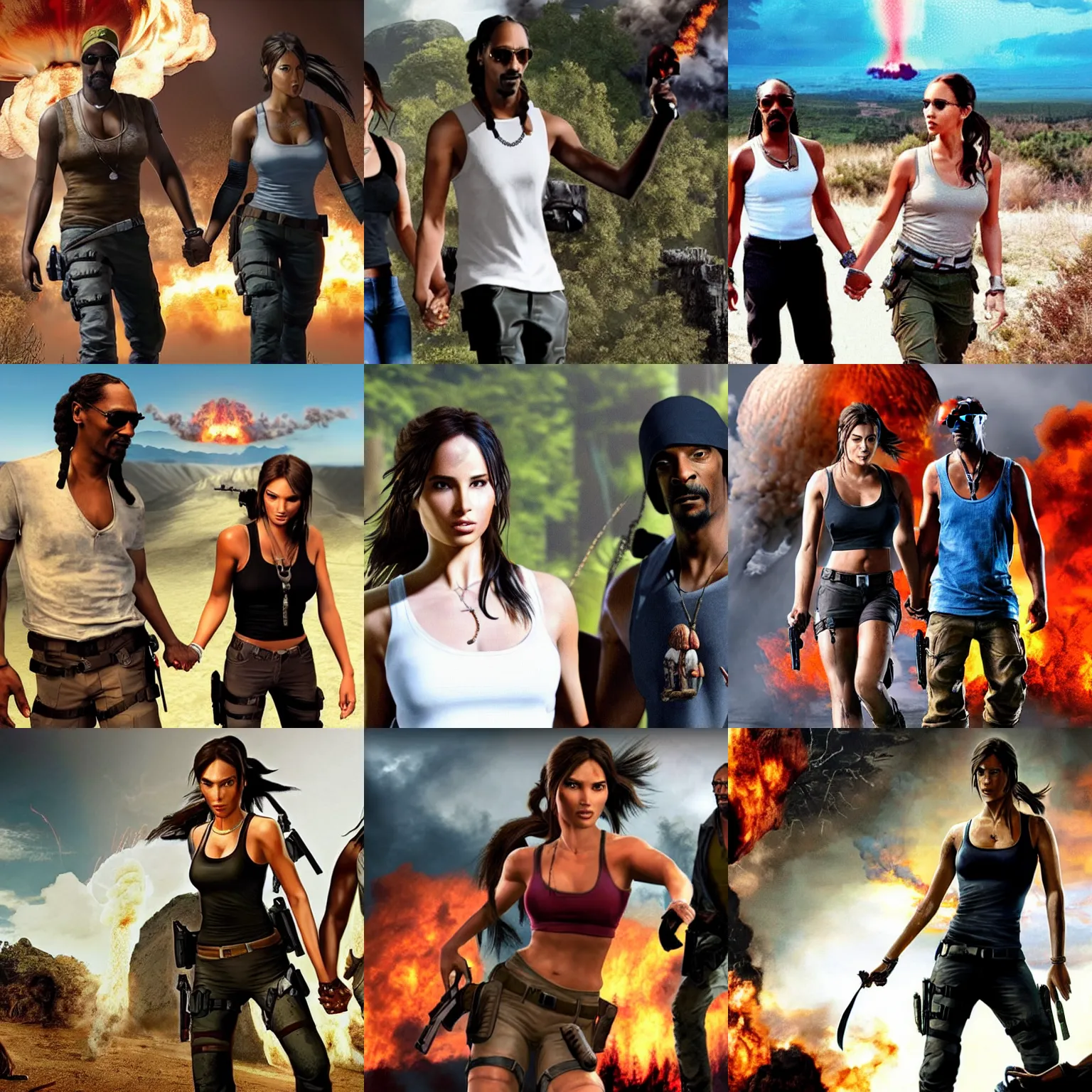 Prompt: Lara Croft holding hands with Snoop Dogg as they walk as a mushroom cloud appears behind them, dramatic, explosion, realistic