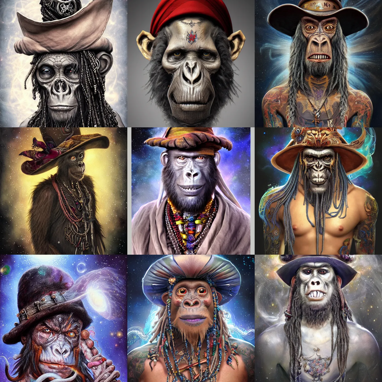 Prompt: a wlop 3 d render of very very very very highly detailed beautiful mystic portrait of a young ghost ape pirate voodoo in a hat with whirling galaxy around, tattoos by anton pieck, intricate, extremely detailed, digital painting, artstation, concept art, smooth, sharp focus, illustration, intimidating lighting, incredible art,