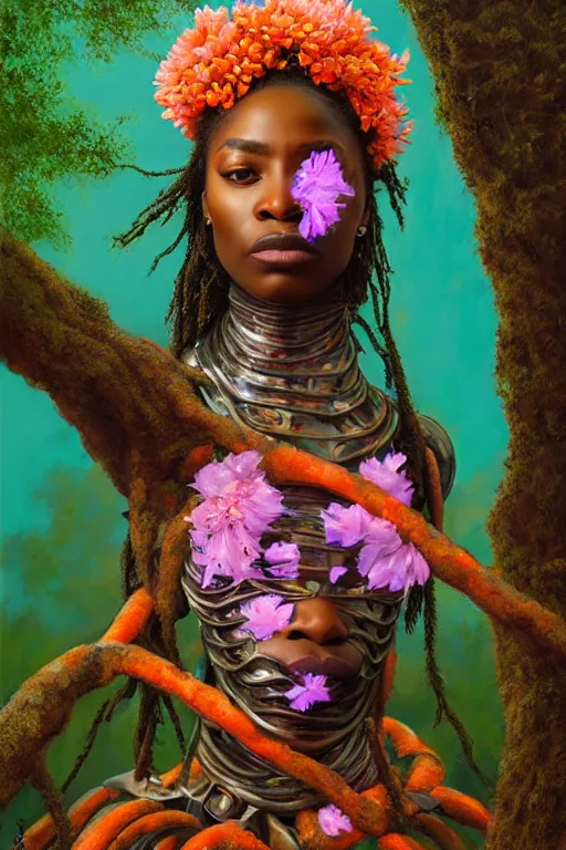 Image similar to hyperrealistic post - renaissance cinematic super expressive! yoruba goddess with exoskeleton armor, merging with tree in a forest, pink orange flowers, highly detailed digital art masterpiece, smooth cam de leon eric zener dramatic pearlescent soft teal light, ground angle hd 8 k, sharp focus