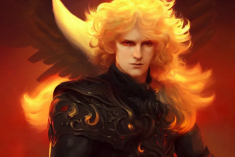 Prompt: digital art of a pale menacing Angel of Battle with fluffy blond curls of hair and piercing eyes, gilded black uniform, he commands the fiery power of resonance and wrath, by WLOP, Artstation, CGsociety