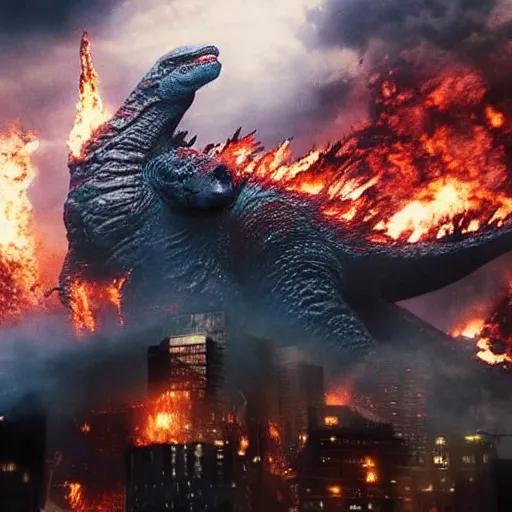 Prompt: photograph of Godzilla destroying a futuristic city, military helicopters in the sky, smoke and destruction, highly detailed, cinematic, photorealistic