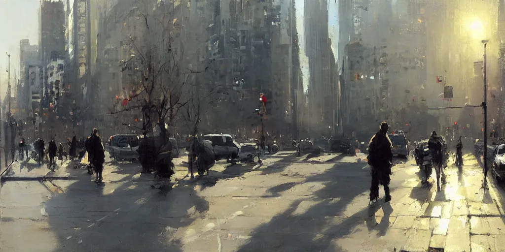 Prompt: street scene, morning sunlight, matt painting, painting by jeremy mann