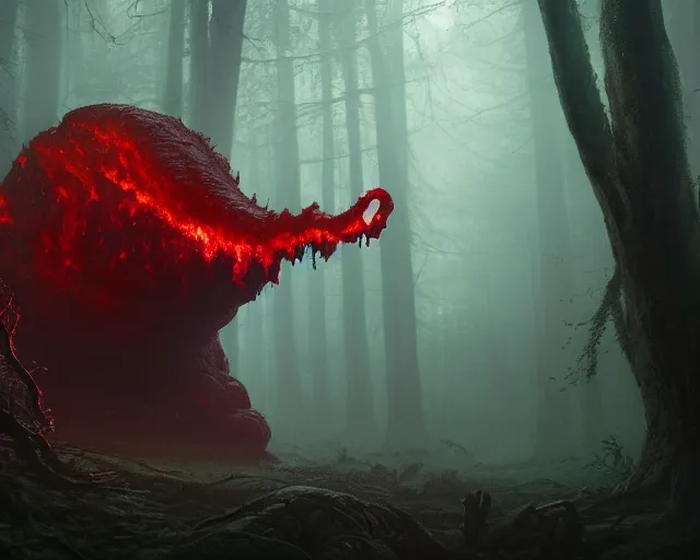 Prompt: 5 5 mm portrait photo of a red giant demonic slime, in a magical forest. dark atmosphere. art by greg rutkowski. highly detailed 8 k. intricate. lifelike. soft light. nikon d 8 5 0.