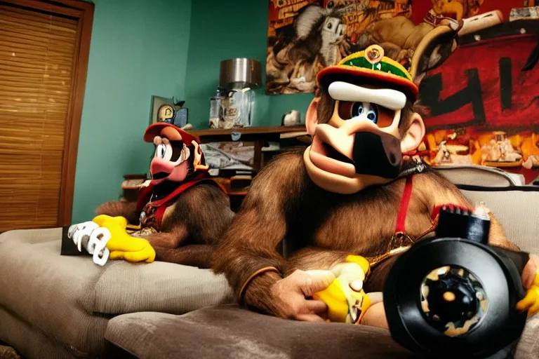 Image similar to a gritty photo made with a disposable camera of my living room where a real life Donkey Kong sits next to a real life King Bowser on the couch, while playing a video game