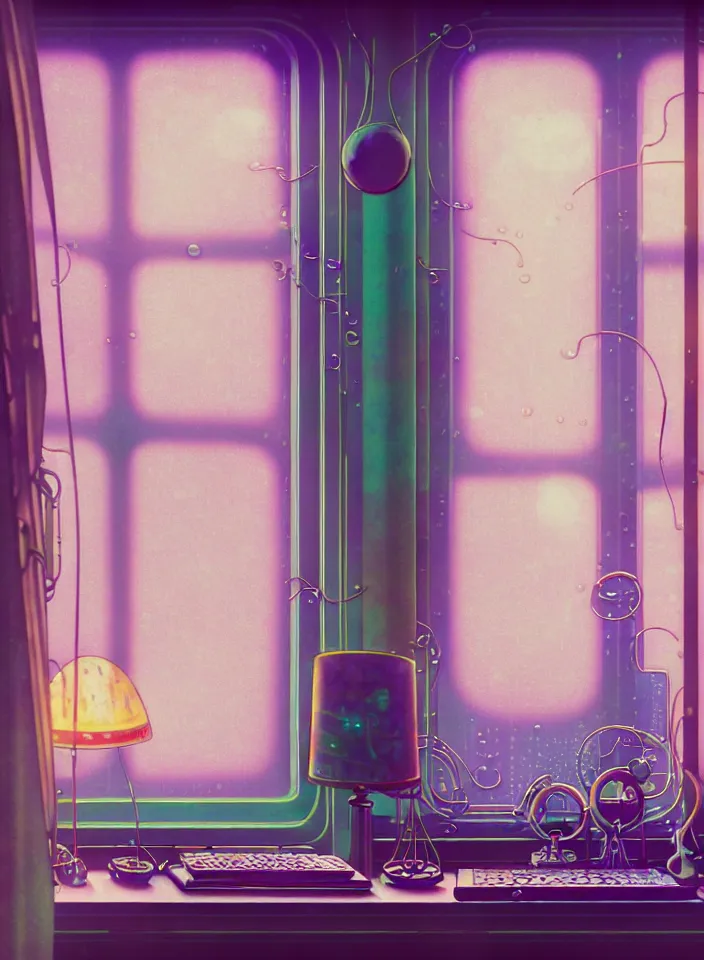 Prompt: telephoto 7 0 mm f / 2. 8 iso 2 0 0 photograph depicting the feeling of chrysalism in a cosy cluttered french sci - fi art nouveau cyberpunk apartment in a pastel dreamstate art style. ( computer screens, window ( rain ), sink, lamp ( ( ( fish tank ) ) ) ), ambient light.