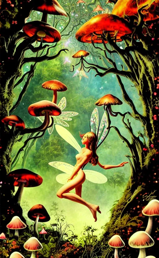 Image similar to fairies with detailed faces, enchanted forest, mushrooms on the ground, stars in the sky, psychedelic, wide angle shot, white background, vector art, illustration by frank frazetta