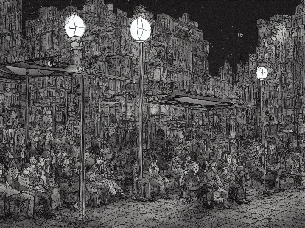 Prompt: few people waiting in a bus stop in dark city night, artstation, cgsociety, high quality, detailed, high resolution, in the style of Mattias Adolfsson