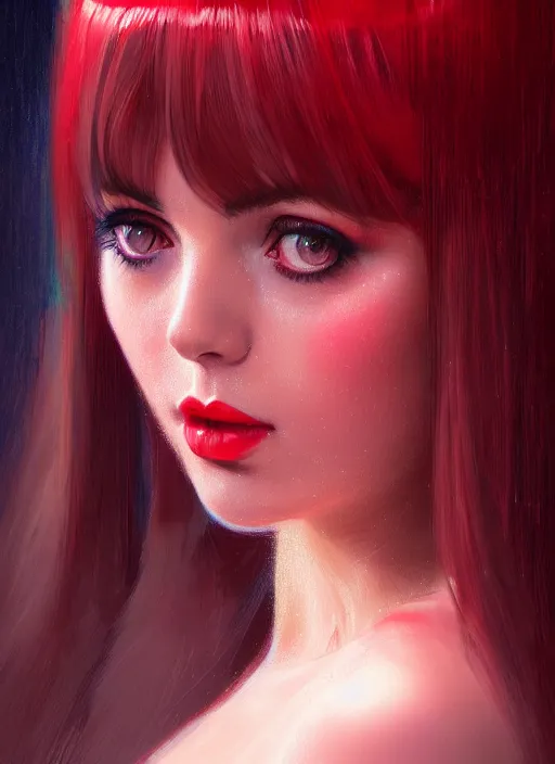 Image similar to portrait of lexi belle with bangs, 1 9 6 0 s, long hair, red hairband, bangs, intricate, elegant, glowing lights, highly detailed, digital painting, artstation, concept art, smooth, sharp focus, illustration, art by wlop, mars ravelo and greg rutkowski