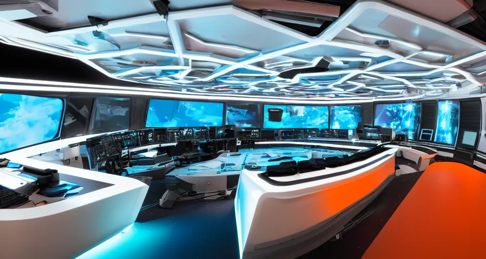 Prompt: Film still of the bridge of a space ship, large viewscreens, control panels, white plastic, black interface, metallic, soft orange and cyan highlights, neutral light, soft edges, calm feeling, Cinestill colour cinematography, anamorphic