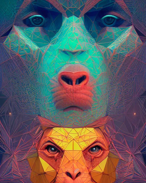 Prompt: highly detailed vfx portrait of monkey, geometric polygons, global illumination, detailed and intricate environment by james jean, liam brazier, victo ngai and tristan eaton