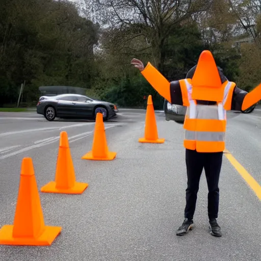 Image similar to a skeletonwith traffic - cones for hands