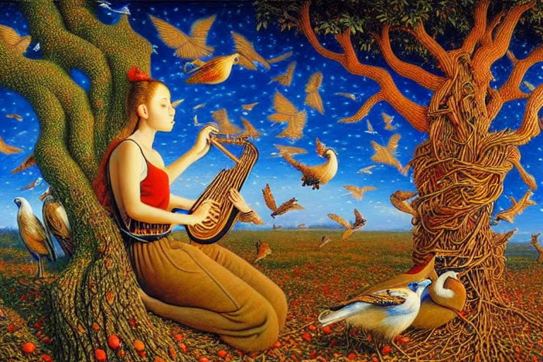 Image similar to oil painting, female playing the harph while birds are listening on the tree surreal, ultra realistic, wide angle, intricate details, artifacts, luminous skies, highly detailed, michael cheval, cinematic lighting