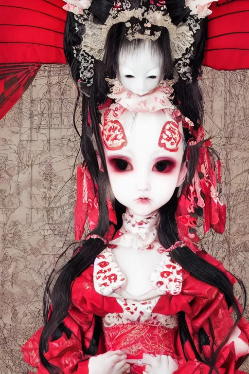 Prompt: high angle photo an avant - garde japanese bjd geisha vampire queen in a victorian lolita fashion red dress in the style of lovecraftian horror painted by yoshitaka amano, takato yamamoto, ayami kojima, dmt art, symmetrical vogue face portrait, intricate detail, artstation, cgsociety, artgerm, rococo