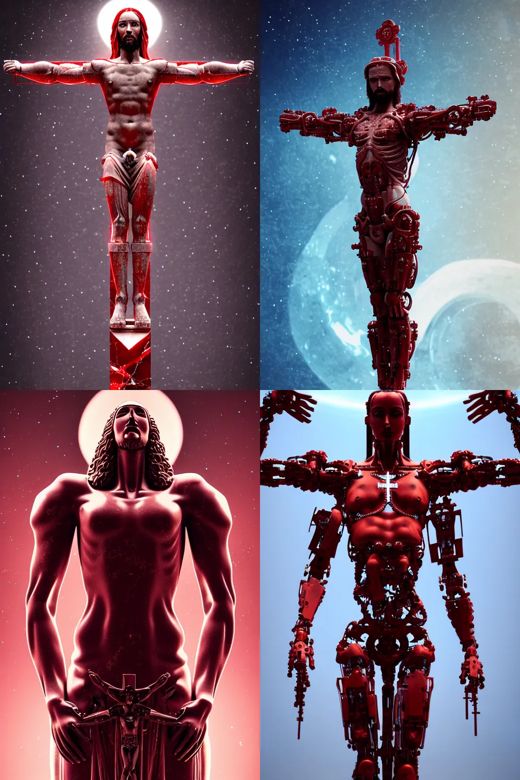 Image similar to a statue jesus on cross made of red marble, perfect symmetrical body, full body shot, white biomechanical, wearing epic bionic cyborg implants, space station, masterpiece, intricate, biopunk, vogue, highly detailed, artstation, concept art, background galaxy, cyberpunk, octane render