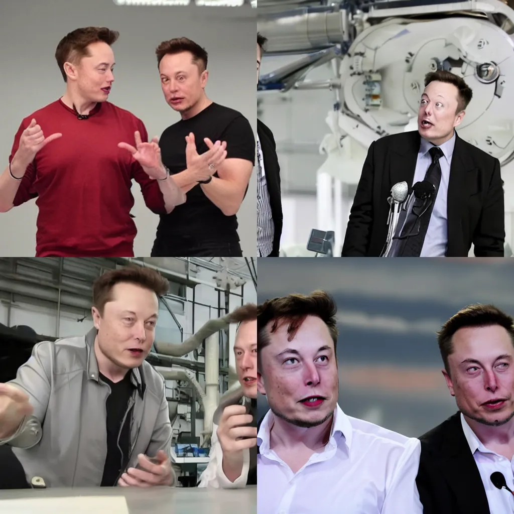 Prompt: elon musk explaining rocket science to his twin evil brother