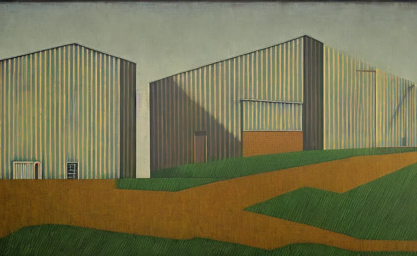 Prompt: geometric painting of industrial buildings surrounded by undergrowth by clarence holbrook carter