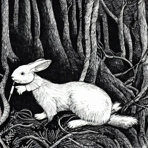 Image similar to a pen and ink drawing of a white rabbit smoking a smokey cigarette while reclining in a deep dark tangled forest, childrens book illustration, by edward gorey, by gustav dore