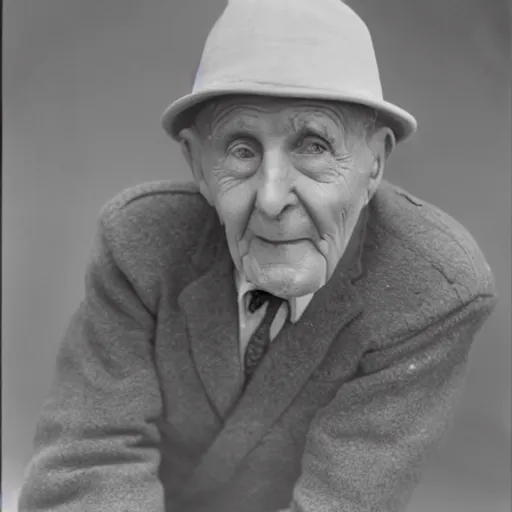 Prompt: 1930s photograph of a wrinkled old man with a hat made out of ice cream