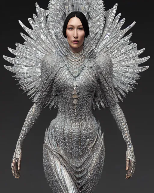 Prompt: a highly detailed metahuman 4 k close up render of a bella hadid as archangel monument renaissance in iris van herpen dress schiaparelli in diamonds crystals swarovski and jewelry iridescent in style of alphonse mucha gustav klimt trending on artstation made in unreal engine 4