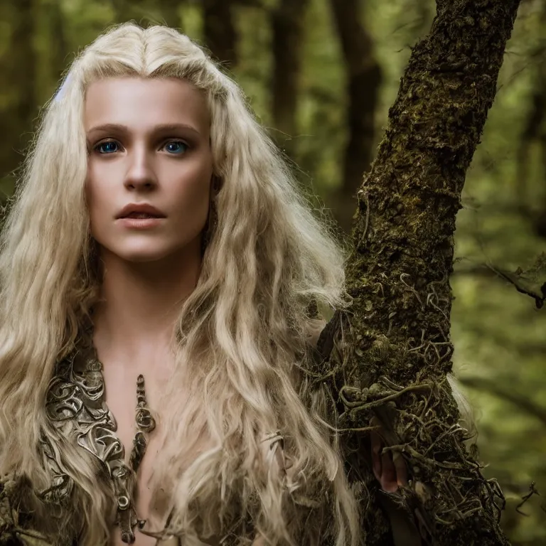 Prompt: 5 5 mm portrait photo of an armored gorgeous anesthetic blonde woman warrior, in a magical forest in the style of lord of the rings, highly detailed 8 k. intricate. lifelike. soft light. nikon d 8 5 0. cinematic post - processing