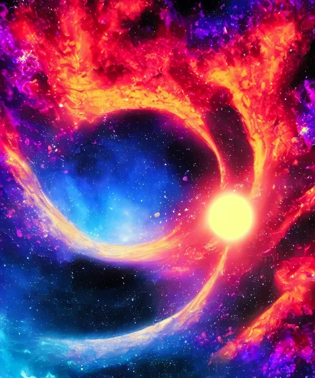 Prompt: black hole, sun, space, bright colors, surreal art, rule of thirds, phoenix flames, nebula clouds, soft tones