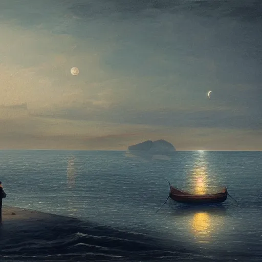 Image similar to man and daughter in a small boat on a rough sea late at night, moonlight reflections across water, hyper realism, high detail, deep aesthetic, rich colors, 4k, highly ornate intricate details,