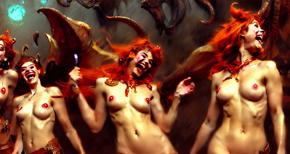 Image similar to demon girls laughing, digital painting by gaston bussiere and craig mullins and j. c leyendecker, photorealistic, ultra detailed, 8 k