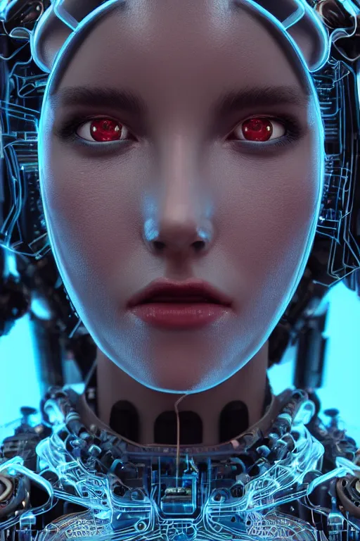 Prompt: close up headshot of a female android, intricately detailed mechanical parts, complicated circuits and wires, beautiful gazing symmetric blues eyes, unreal engine, path tracing, 8k, artstation