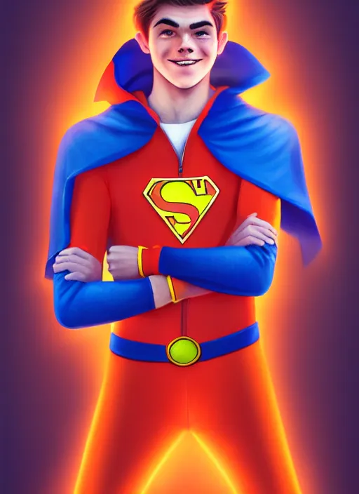 Image similar to friendly teenage archie andrews wearing an orange superhero costume with heart logo, heart, orange costume, blue cape, freckles, cape, heart emblem on chest, heart, blue cape, intricate, elegant, glowing lights, highly detailed, digital painting, artstation, sharp focus, illustration, art by wlop, mars ravelo and greg rutkowski