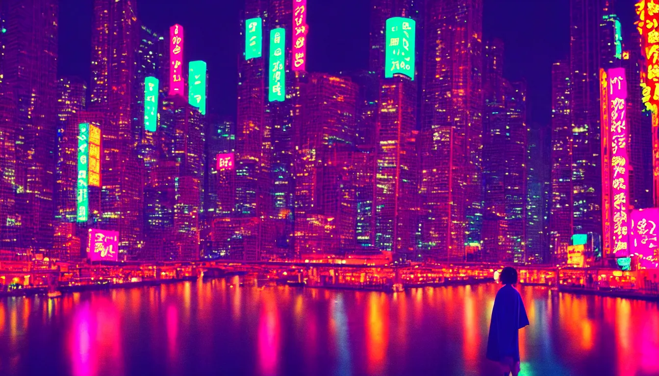 Image similar to 8 0 s neon movie still, woman wearing a kimono looks over a river, city with neon lights is in front of her. movie still. hyperrealistic, high definition, medium format photography, highly detailed, tehnicolor, anamorphic 5 0 mm lens