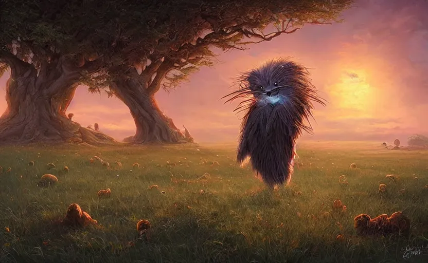 Prompt: a whimsical creature in a field, beautiful, warm dynamic lighting, atmospheric, cinematic, highly detailed digital art, painted by scott musgrove