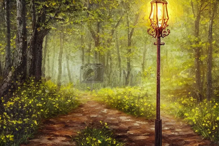 Prompt: vintage iron lamp post in the forest in the spring. Cinematic, flowers, hiking trail. Intricately detailed oil painting