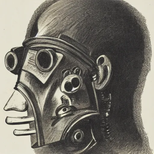 Image similar to head of a robot ( c. 1 8 8 0 - c. 1 8 9 2 ) drawing in high resolution by otto eerelman, with a back ground that starts off grey and gets darker the further down it goes