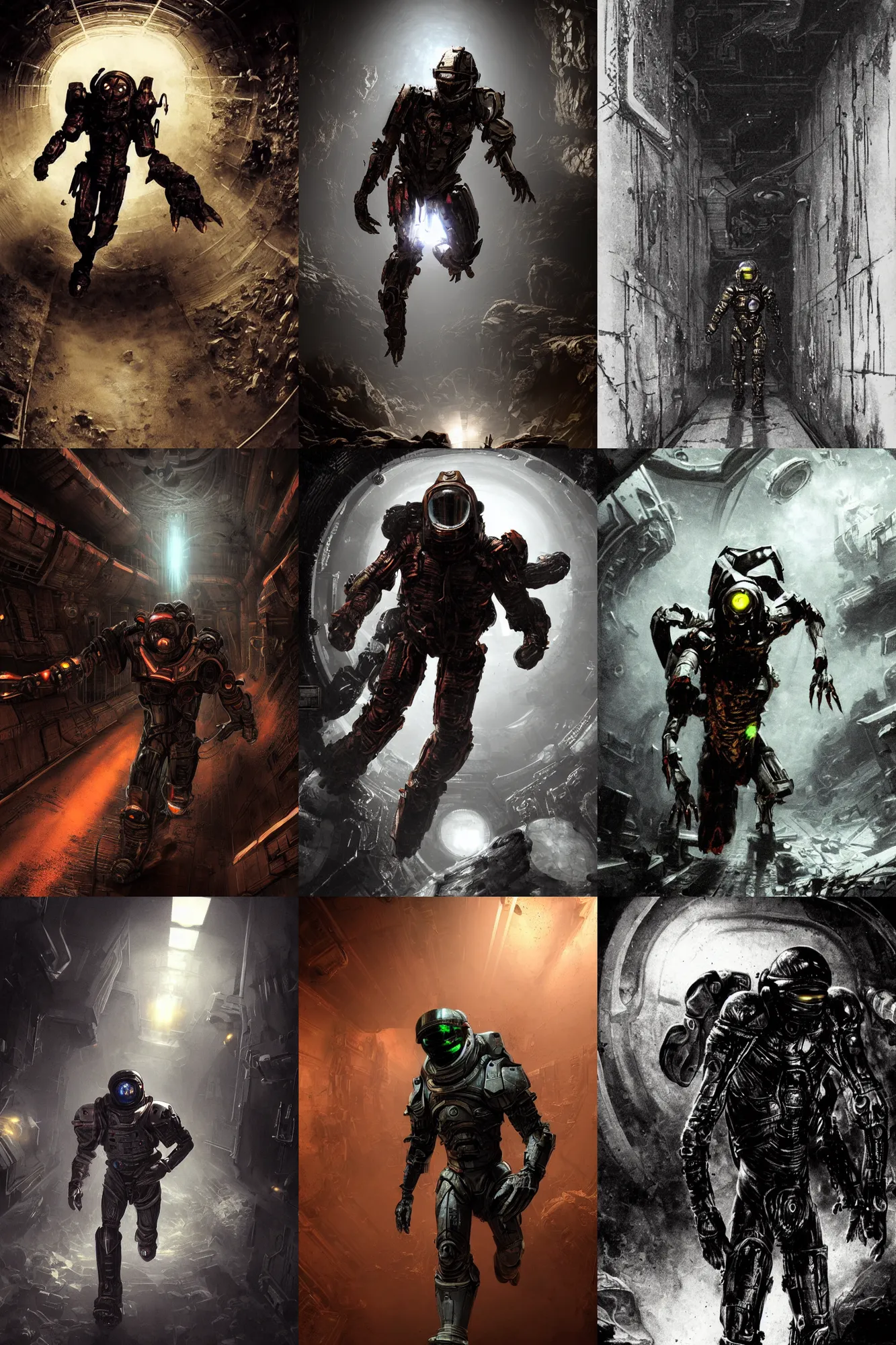 Prompt: horror movie scene of an individual in futuristic armor being chased down a hallway, running through a deep space mining space station, rusty metal walls, broken pipes, side angle, dark colors, muted colors, tense atmosphere, mist floats in the air, amazing value control, dead space, moody colors, dramatic lighting, ussg ishimura, frank frazetta