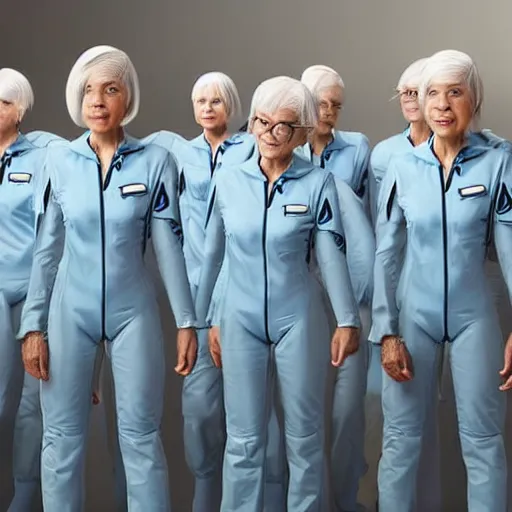 Image similar to troop of grannies with white bob hairdos, tight light blue neopren pilot suits, futuristic cloning facility, sci - fi, highly detailed, cinematic