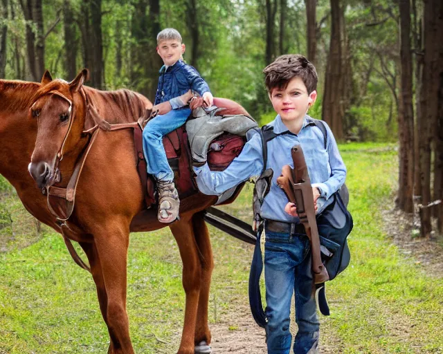 Prompt: girly! boy with dark - brown hair, the boy is on horse, the boy is holding backpack and gun, realistic photo