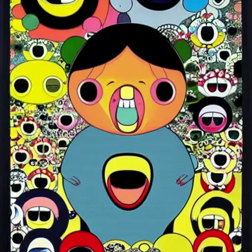 Image similar to a poster design of a miserable black family by takashi murakami,