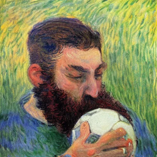 Image similar to monet painting of a bearded man with shaved head puking on a soccer ball, highly detailed, realistic,