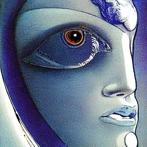 Prompt: Artemixel, the modern reincarnation of the old selenium god of hunt, also known as Artemis the Selene, carrying the celebrated Crown of the Crescent Moon wich its usual bright and slightly bluish crescent like the brightness of the night. Portrait by Moebius, intrincate sci-fi art, close-up