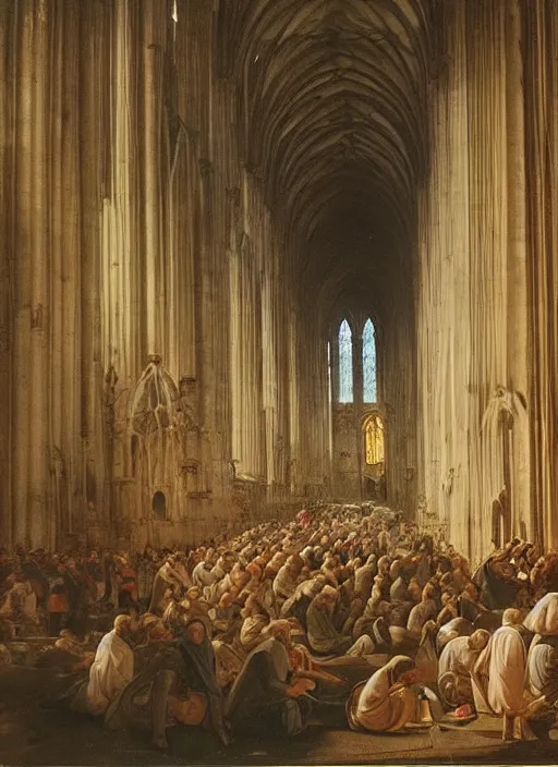 Prompt: elisabeth louise vigee - le brun painting of large crowd of medieval monks in giant in a gothic cathedral interior raising new magical glowing spirit, old master painting with stunning lighting and details photoreal dusk sun lit light,