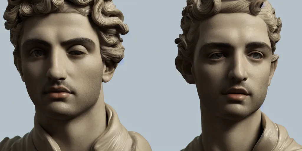 Image similar to a perfect porcelain Baroque style bust of handsome young Spanish man with pipe cleaners coming out of the neck, photorealism, octane render, depth of field, 8k, 35mm, artgem, Trending on artstation