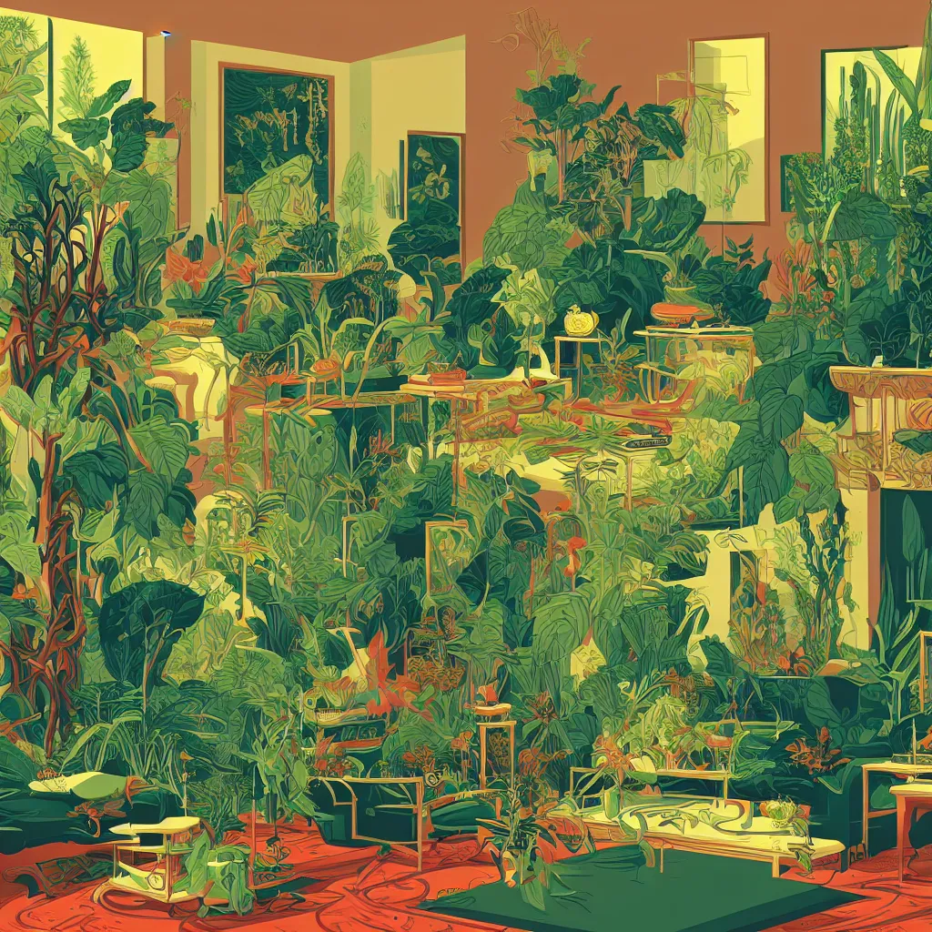 Prompt: luxury living room full of plants and trees by kilian eng
