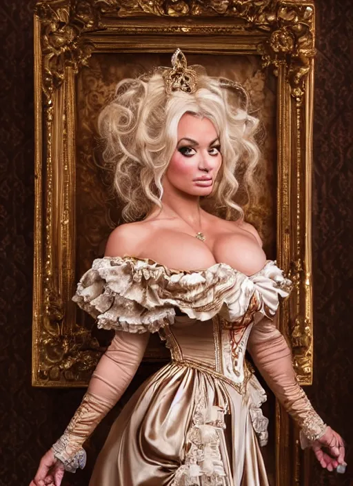 Prompt: portrait of lindsey pelas wearing baroque style dress in the middle of an opera, by charlotte grimm, natural light, detailed face, beautiful features, symmetrical, canon eos c 3 0 0, ƒ 1. 8, 3 5 mm, 8 k, medium - format print,