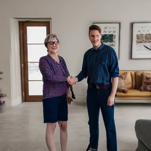 Prompt: jerma985 excitedly shaking hands with Cathy Mitchell, wide shot, 4k, professional photography, editorial, detailed, film still